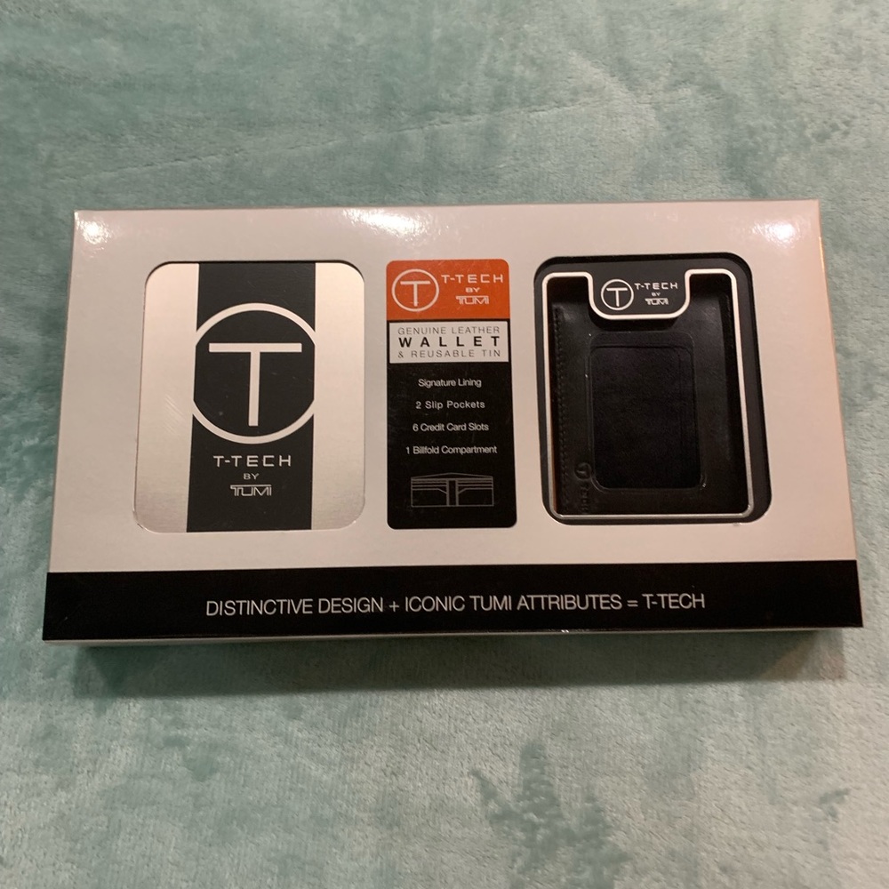 T-Tech by Tumi genuine leather wallet & reusable tin